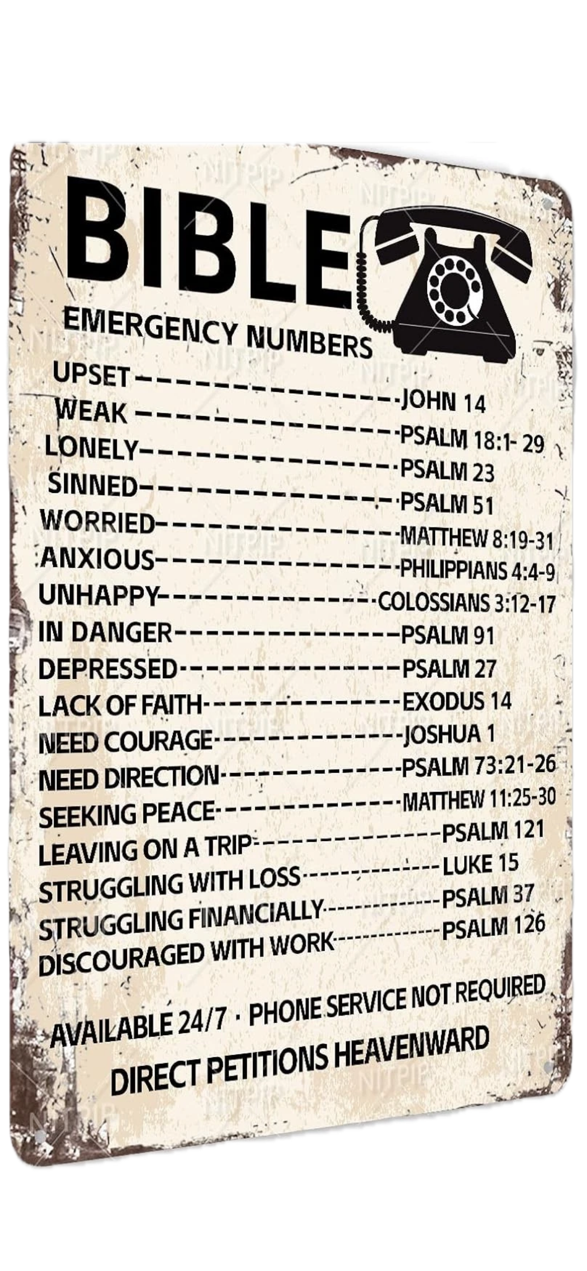 Bible Emergency Numbers card pairing common needs with suggested Bible passages