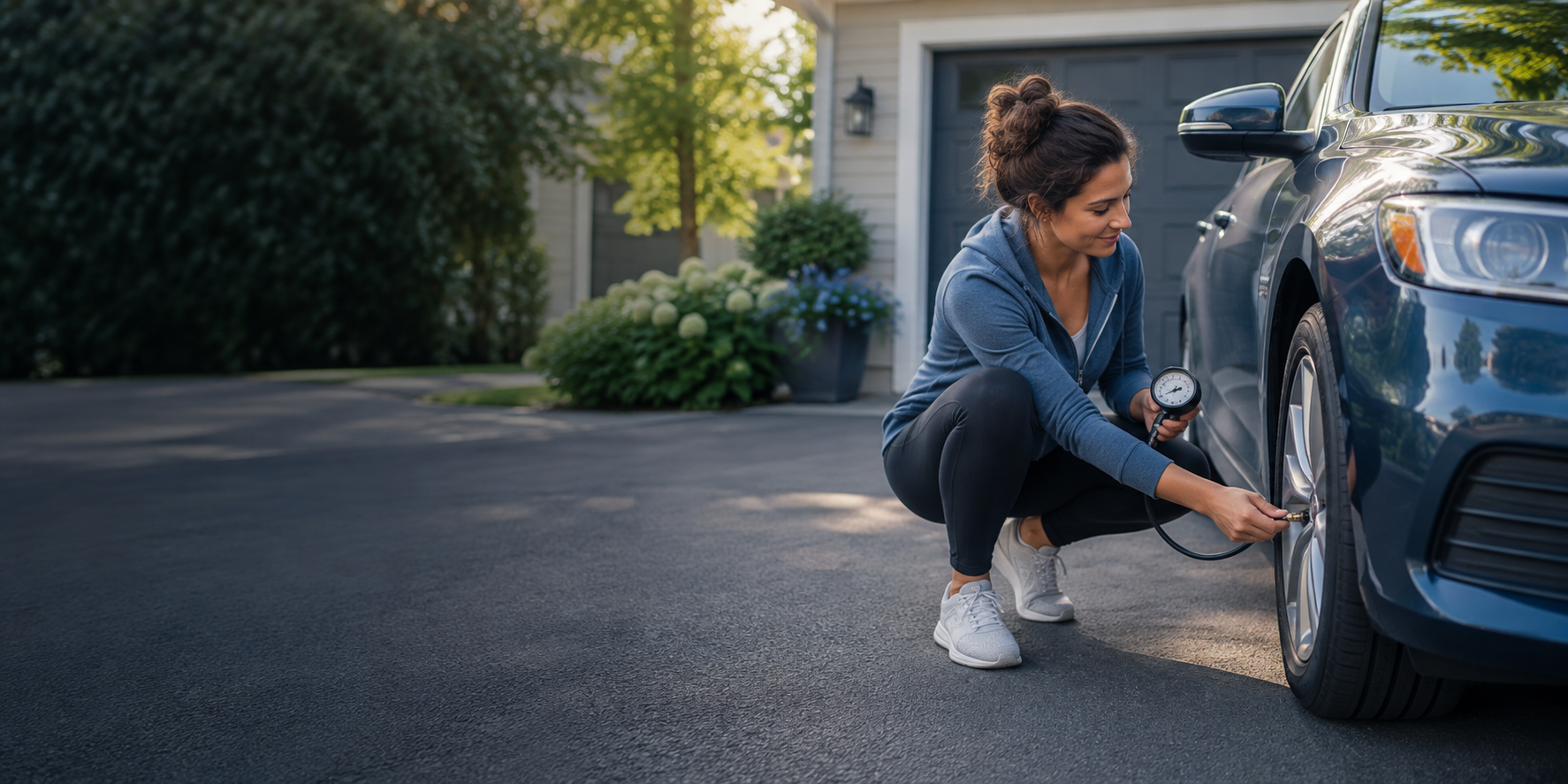 A person checking a car tire as part of routine vehicle maintenance